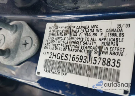 2003 Honda Civic Lx from USA, damaged, VIN 2HGES16593H578835